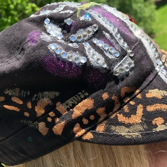Trucker hat embellished with metallic paint, crystals, and beads - adjustable - Picture 11 of 15